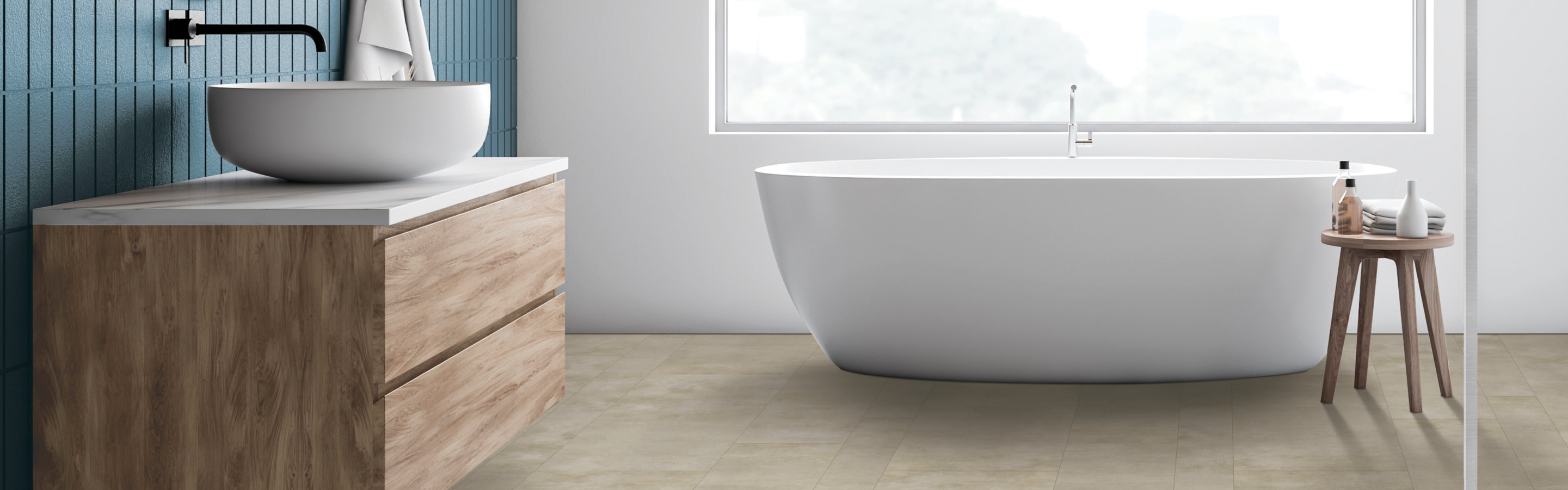 Vinyl wood look rustic plank and standup tub 