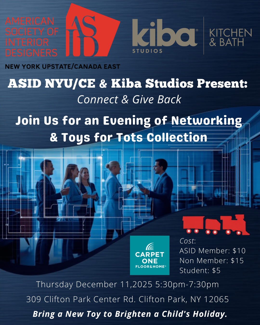 Flyer for ASID NYU/CE & Kiba Studios: Connect & Give Back Event