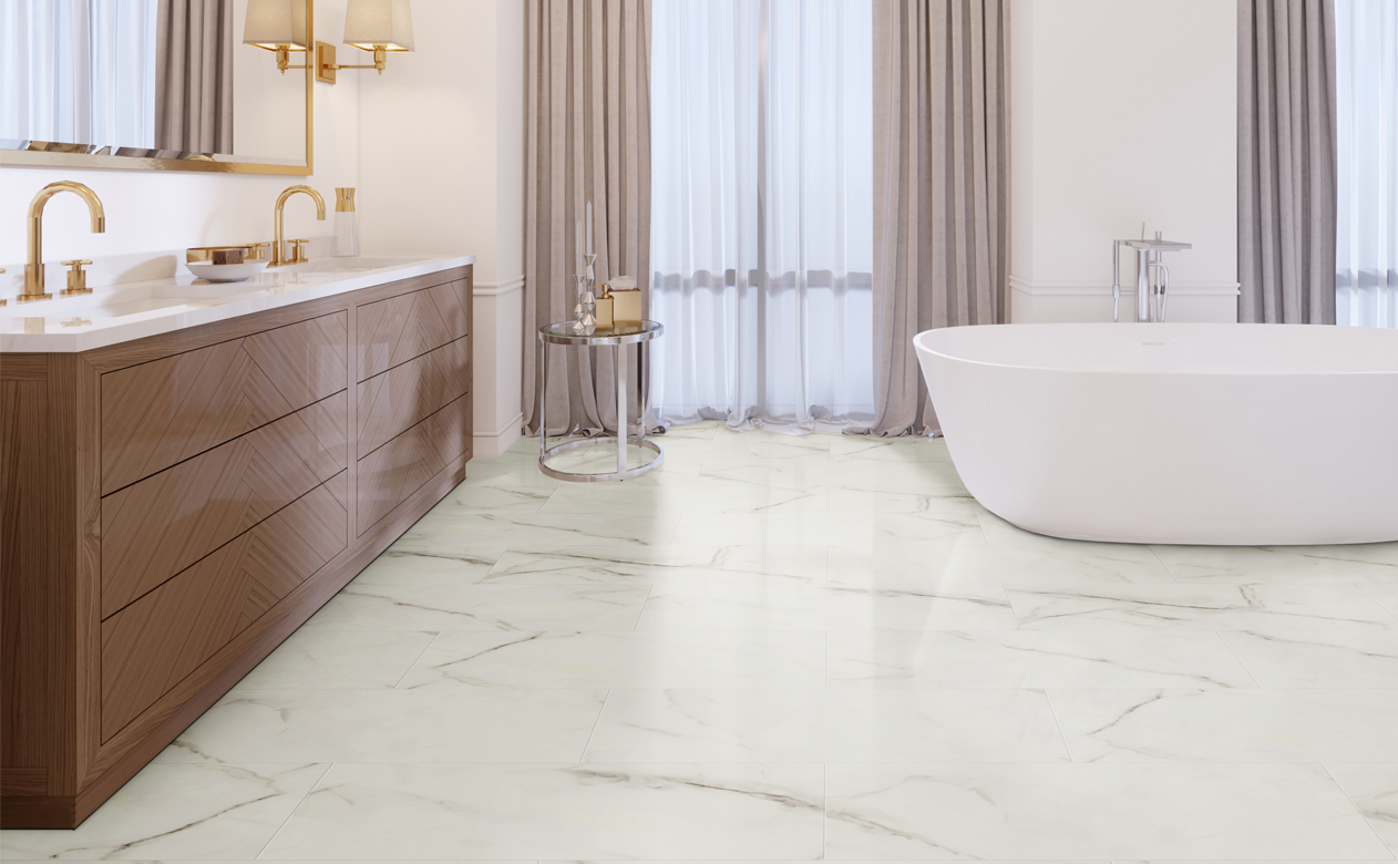 Marble look white vinyl tile in the bath