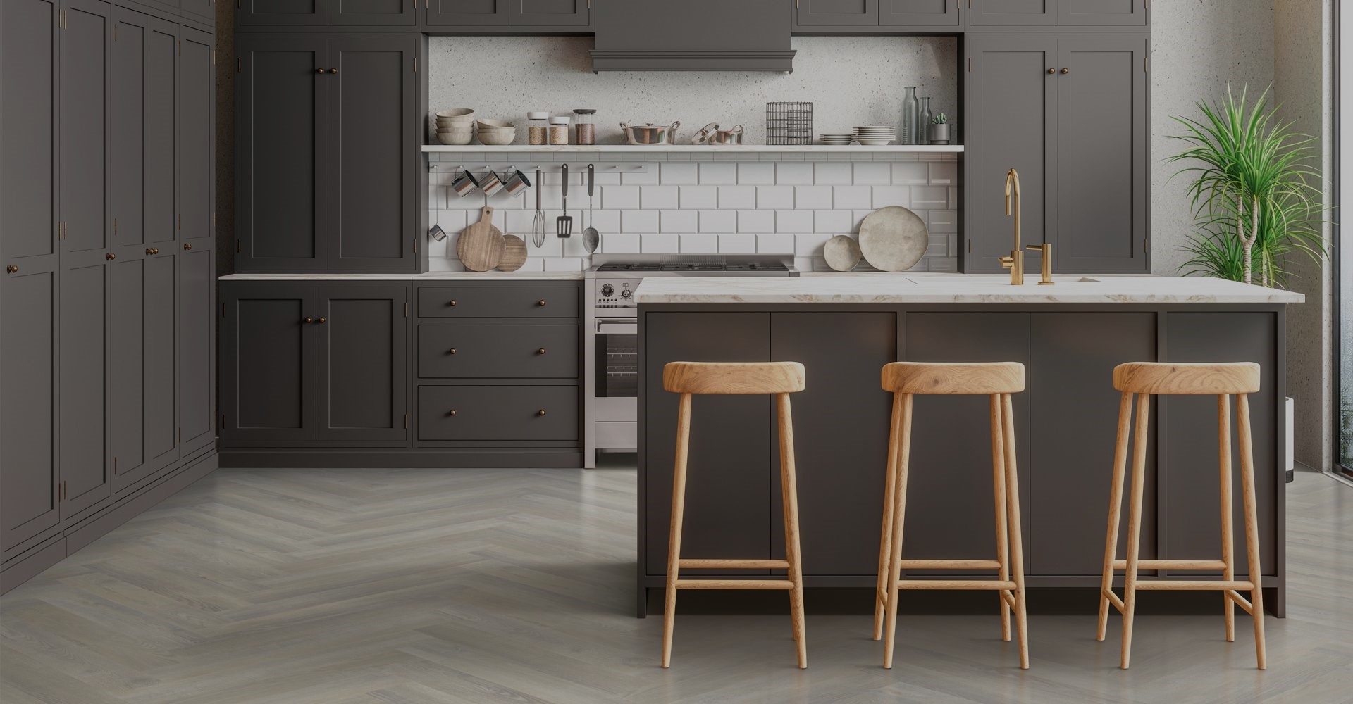 kitchen with herringbone flooring