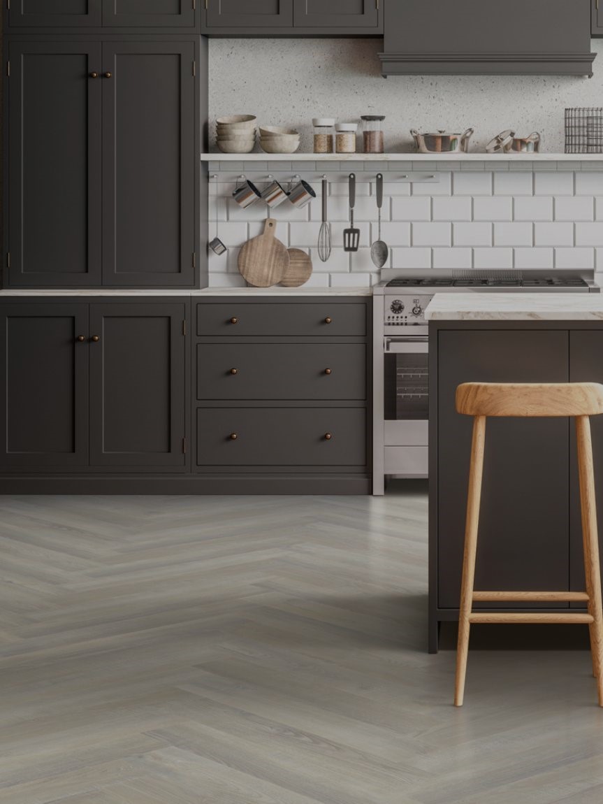 kitchen with herringbone flooring